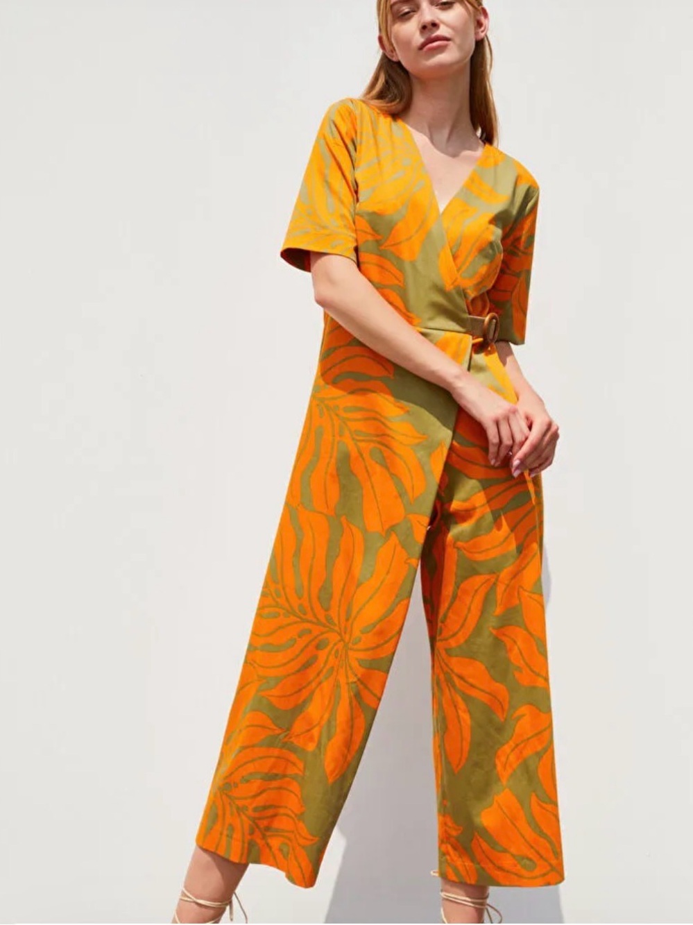 adL Women's Olive & Orange Floral Wrap Jumpsuit. Sz M. No materials tag. NWOT.